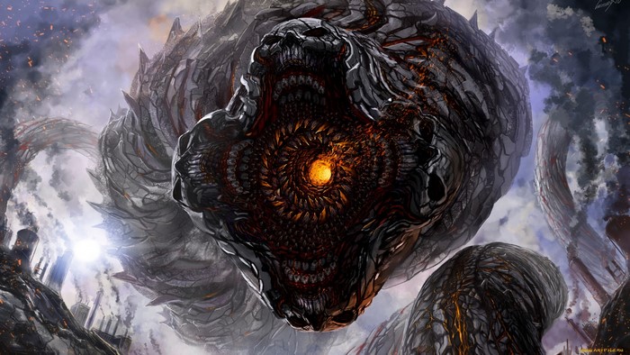 Giant monstrous creature with a skull-like face and glowing eye
