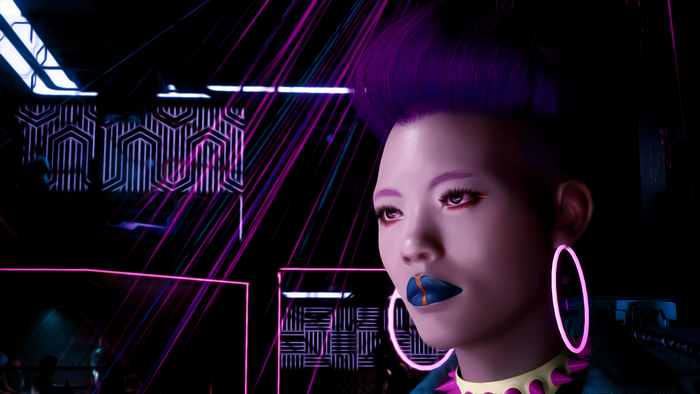 Maiko from Cyberpunk 2077 with purple hair and hoop earrings