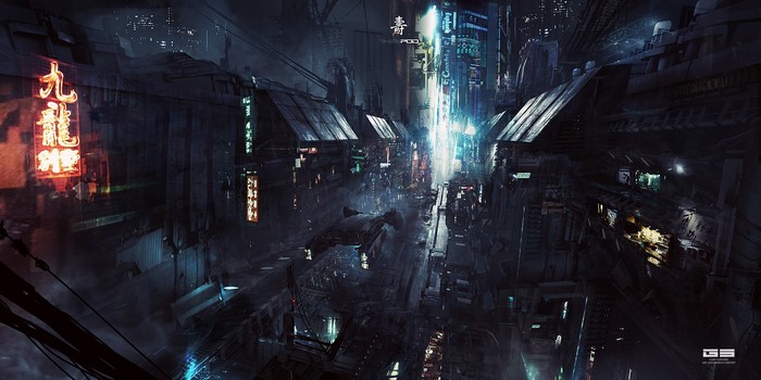 Futuristic cyberpunk city street with neon signs