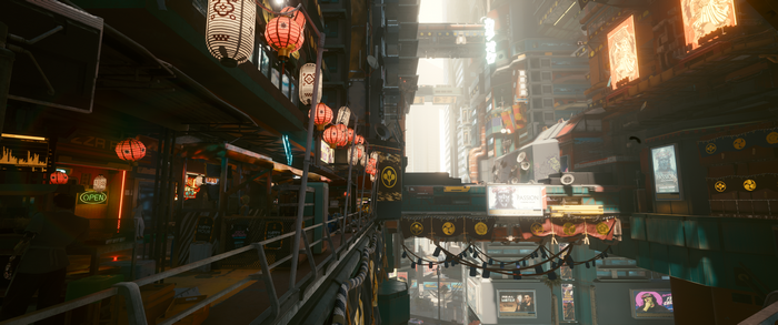 Cyberpunk 2077 cityscape with neon lights and lanterns