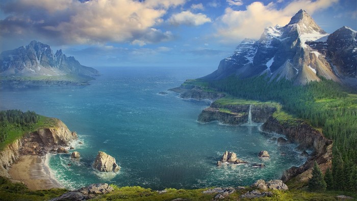 Digital art of mountains and sea landscape