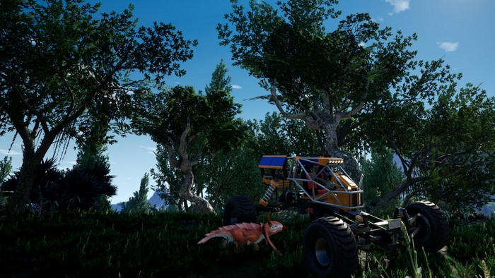 Satisfactory game screenshot with off-road vehicle and creature