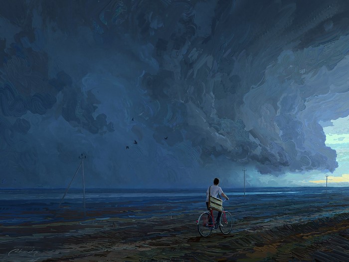 Man on bicycle facing storm clouds by Artem Chebokha