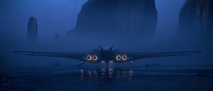 Futuristic spaceship in a misty alien landscape
