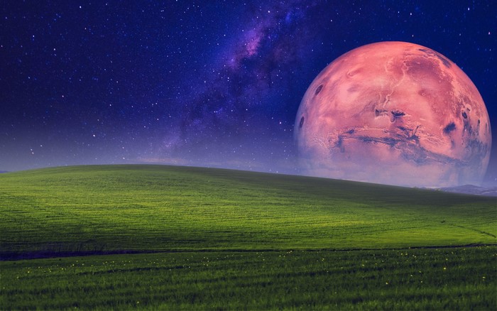 Mars and starry sky over green hills