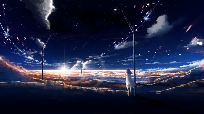 Anime girl watching a starry sunrise over clouds