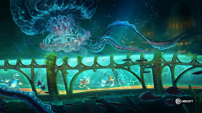 Rayman characters in an underwater city with jellyfish