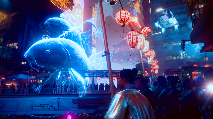 Cyberpunk 2077 street festival with holographic koi fish