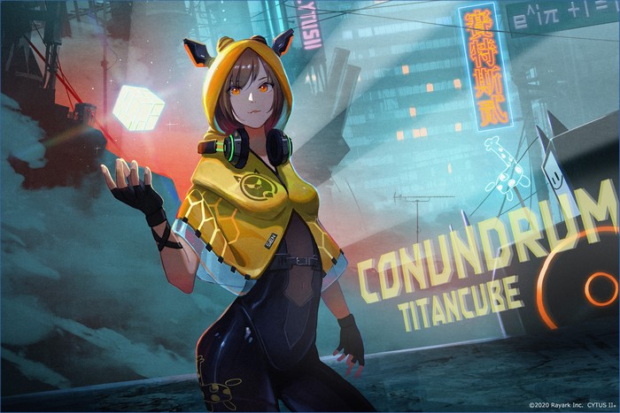 Girl with yellow hoodie and headphones in a futuristic city