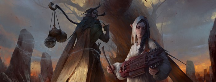 Artwork by Taras Susak featuring two fantasy characters