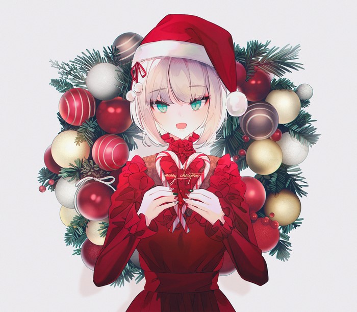 Anime girl in Santa hat with Christmas wreath