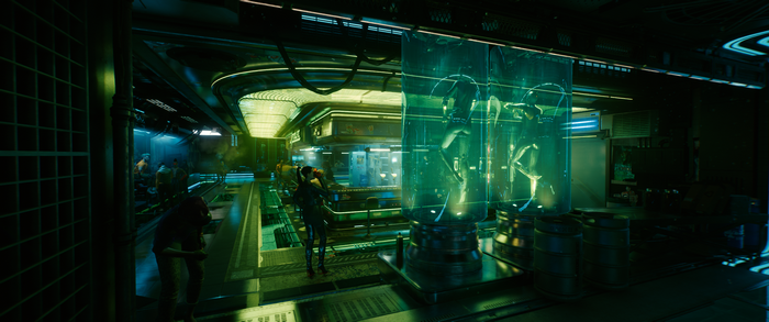 Cyberpunk 2077 laboratory with figures in vats