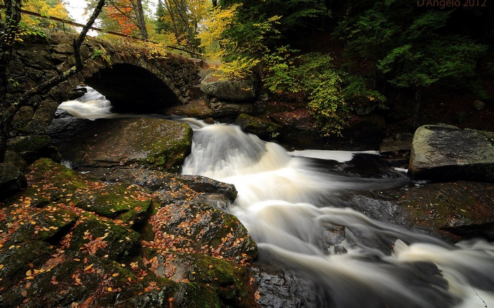 Stone bridge over a waterfall in autumn