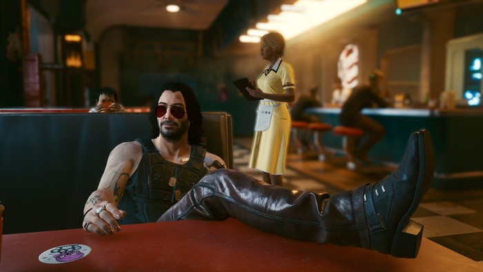 Johnny Silverhand from Cyberpunk 2077 in a diner