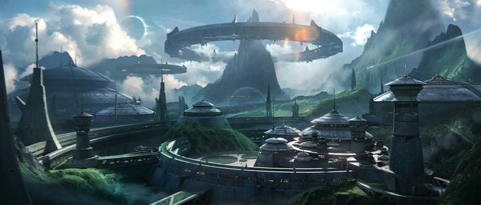Futuristic Cityscape with Ring Structures and Mountains
