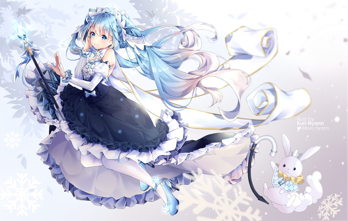 Hatsune Miku in a winter dress with a staff and bunny