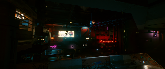 Cyberpunk 2077 cityscape with neon signs