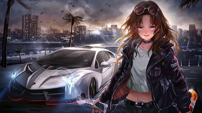 Brunette Woman with Lamborghini Veneno at Night