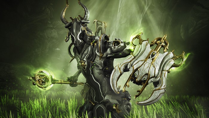 Oberon from Warframe with shield and staff