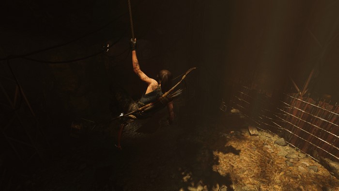 Lara Croft from Shadow of the Tomb Raider ziplining