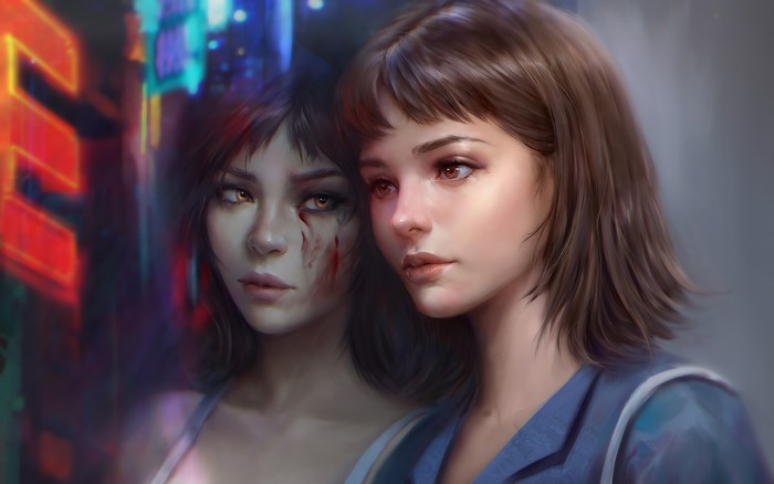 Girl with bloody reflection in city lights