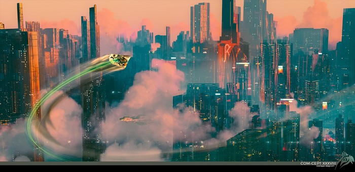 Futuristic city with flying vehicle by Christian Hecker