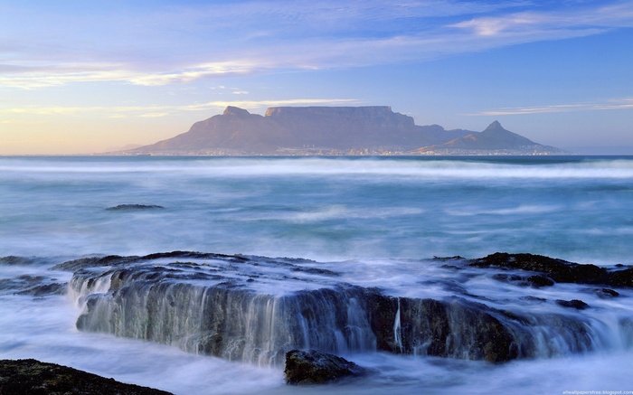 Table Mountain and ocean waves