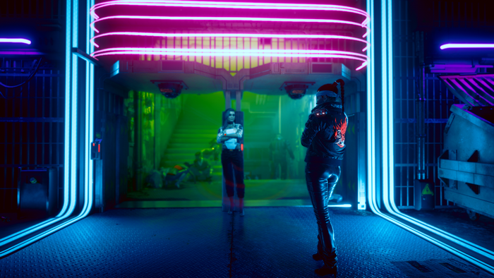 Female V from Cyberpunk 2077 in a neon-lit corridor
