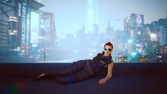 Female V from Cyberpunk 2077 in a futuristic city