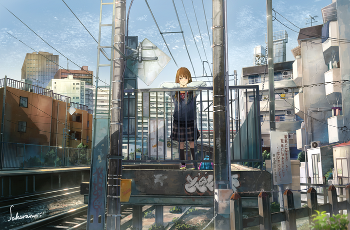 Anime girl in school uniform at a train station