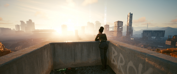 Panam Palmer from Cyberpunk 2077 on a rooftop