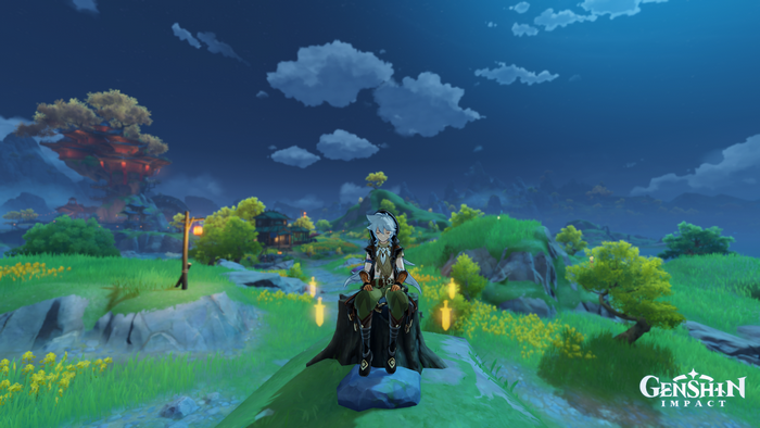 Razor from Genshin Impact sitting on a stump at night