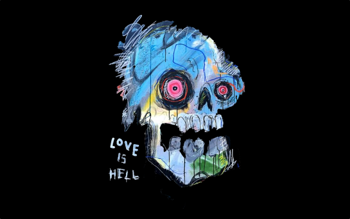 Lil Peep skull with text "LOVE IS HELL"