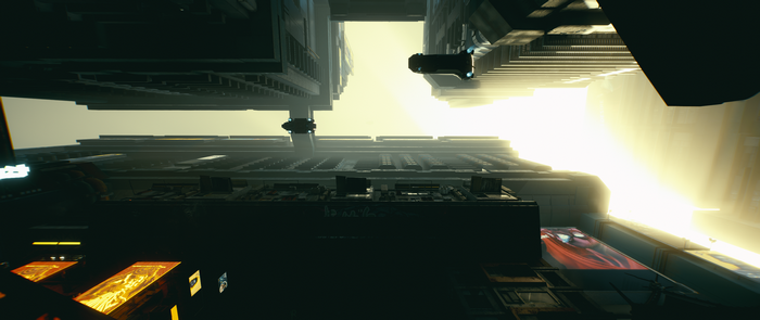 Cyberpunk 2077 cityscape with flying vehicles