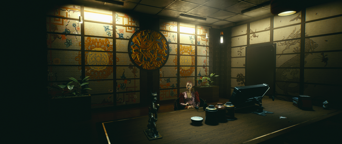 Woman in office with Japanese-style decor in Cyberpunk 2077
