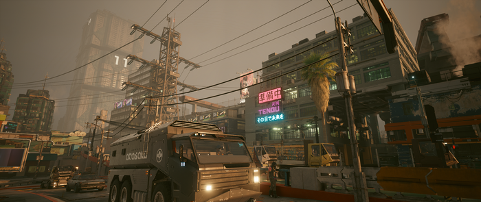 Cyberpunk 2077 futuristic city street with vehicles