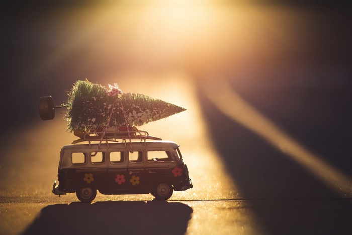 Toy van carrying a Christmas tree
