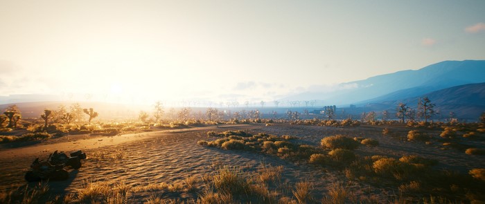 Cyberpunk 2077 ultra-wide screenshot of a desert landscape