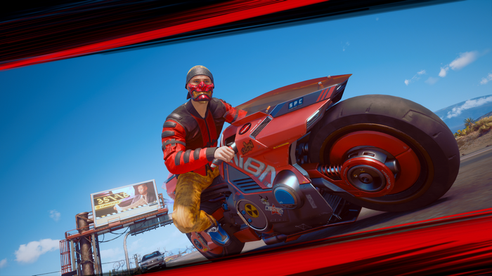 Man in mask riding a red motorcycle in Cyberpunk 2077