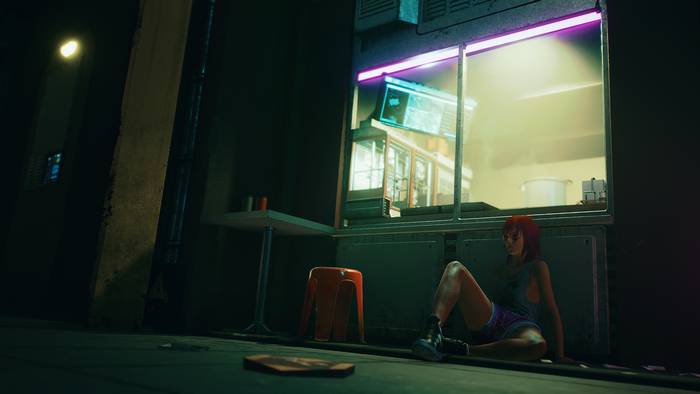 V from Cyberpunk 2077 sitting by a food stall at night
