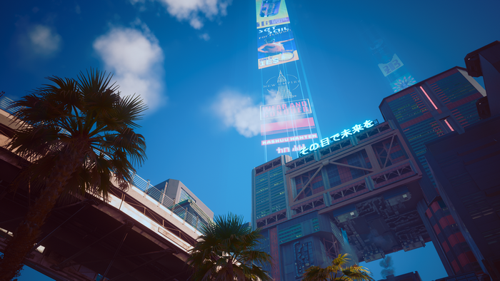 Cyberpunk 2077 futuristic cityscape with palm trees