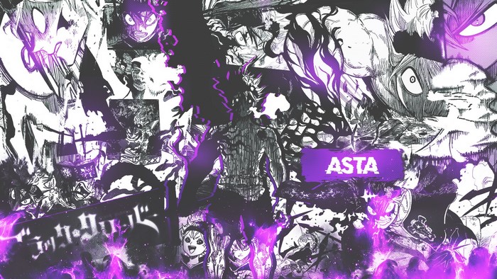 Collage of Asta and characters from Black Clover with purple effects