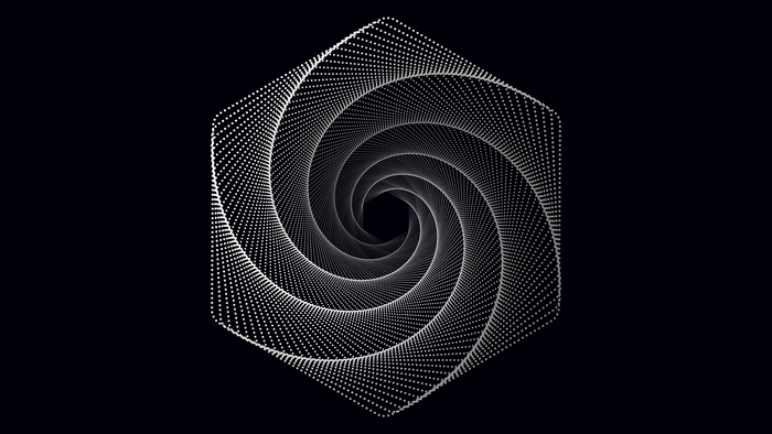 Abstract geometric spiral of dots on black background