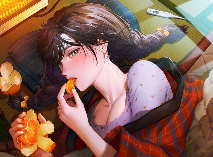 Anime girl with dark hair eating an orange