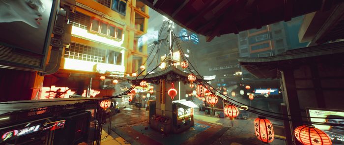 Cyberpunk 2077 street with lanterns and buildings