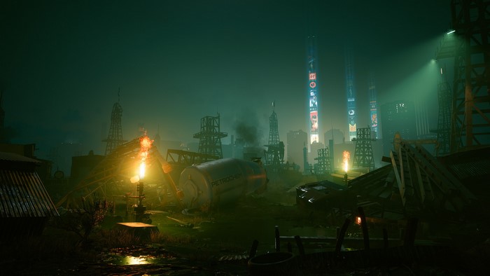 Cyberpunk 2077 screenshot of a dystopian industrial city