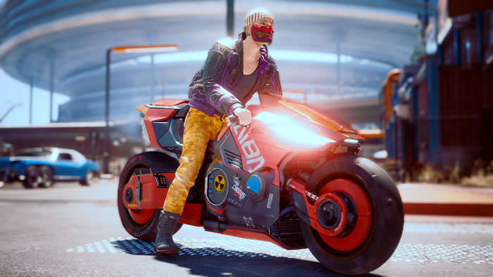 Cyberpunk 2077 screenshot of a person on a motorcycle