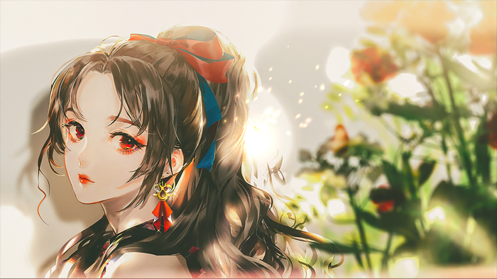 Artwork of a woman with red eyes and a ponytail