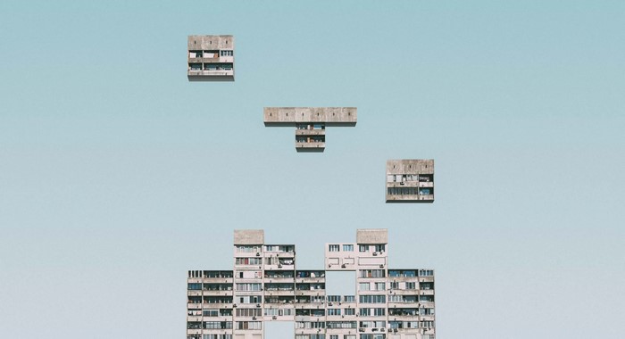 Surreal Tetris blocks of flats in the sky