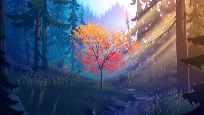 Digital painting of a tree with colorful leaves in a forest